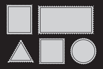 Set of postage stamps. Post stamp frame and border. Grey square and rectangular template for mail, postcard, letter. Jagged wavy edge forms. Vintage objects for poster, banner, badge, sticker. Vector