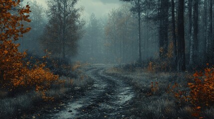 Fototapeta premium Misty autumnal forest path winding through the woods.