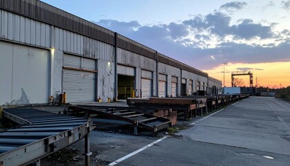 Fototapeta premium Weathered Warehouse Furniture and Conveyor Belts at Dusk