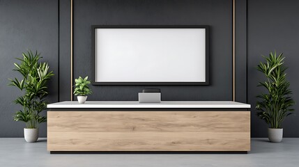 Modern Office Reception Area Interior with Blank Frame, Wood Counter, and Green Plants for Mockup Display.