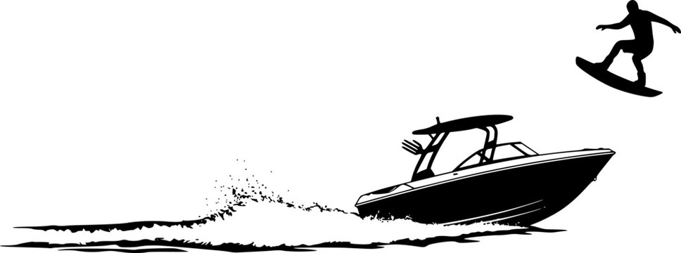 A wakeboard boat pulling a wakeboarder doing a trick.
