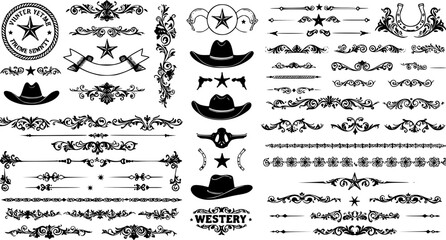 A large collection of old western design elements, embellishment, borders and divider lines.
