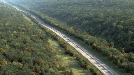 Fototapeta premium Scenic view of a winding road through a lush forest in early morning light
