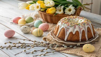 Easter cake with Easter eggs and spring flowers on white wooden background