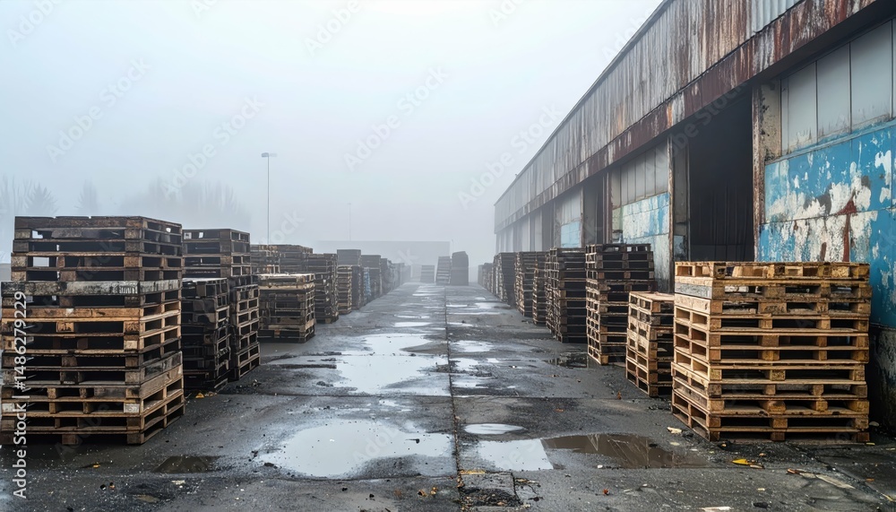 Poster misty warehouse with weathered stacked pallets in an empty setting