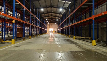 Obraz premium Weathered Warehouse Interior with Shelving Units at Night Scene