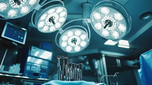 Surgical lights illuminate a sterile operating room with surgical tools prepared for a procedure