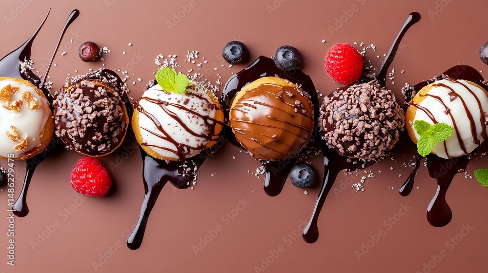 Poster assorted donuts are arranged with chocolate sauce, berries, and sprinkles on a brown surface creatin