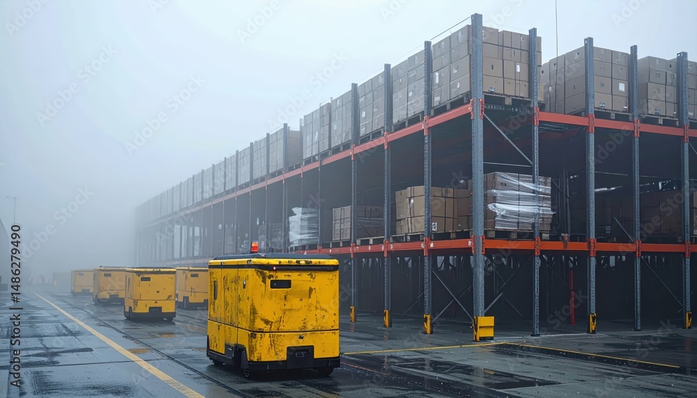 Poster automated racking system with guided vehicles in misty environment