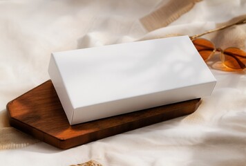 Fototapeta premium white-box-on-wooden-tray-minimalist-product-photography-lifestyle-image