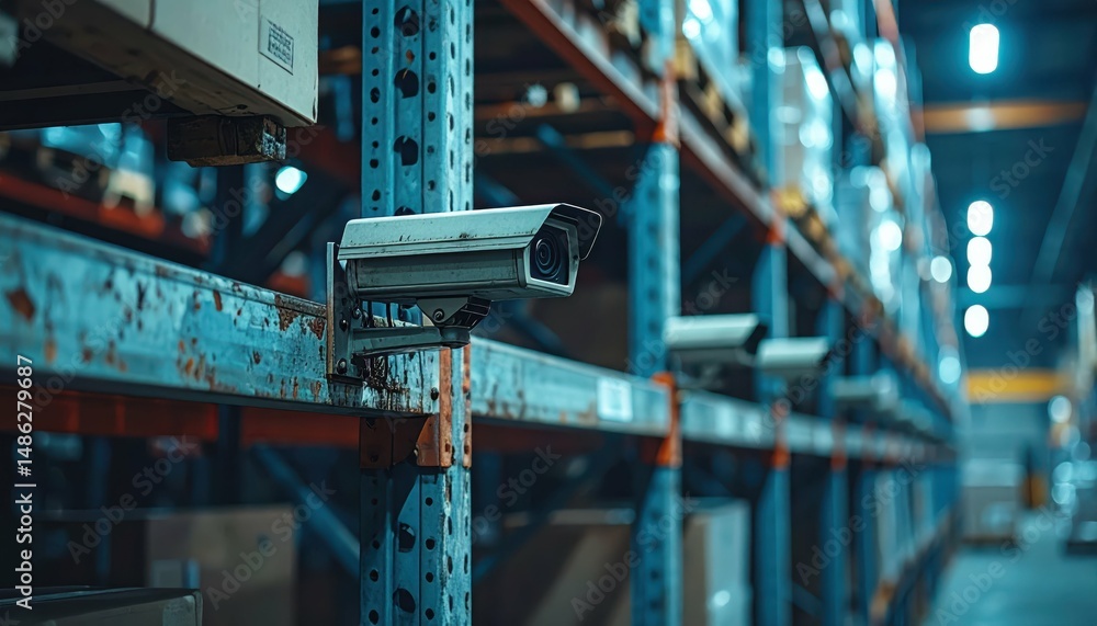 Poster weathered pallet racking system with security cameras in ambient light