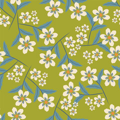 Trendy floral seamless pattern. Simple red and beige daisy. Spring flower template for packaging, postcards, textile printing, wallpaper. Hand drawn illustration isolated on white background