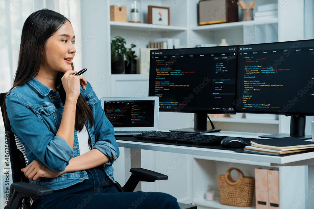 Poster young asian it developer looking online information on pc for beautiful pose with coding program dat