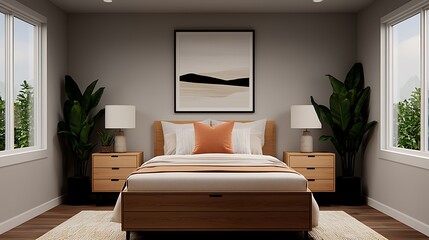 Serene bedroom interior with wooden bed frame, natural light, bedside tables, lamps, and plant accents offering a calming atmosphere.