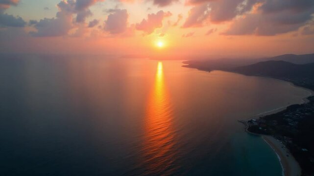 Aerial view of a beautiful sunset in sea bay