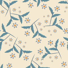 Trendy floral seamless pattern. Simple red and beige daisy. Spring flower template for packaging, postcards, textile printing, wallpaper. Hand drawn illustration isolated on white background