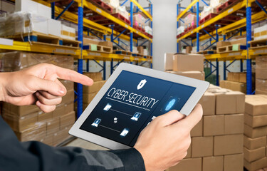 Cyber security system on computer screen protect private information snugly from hacker and cyber...