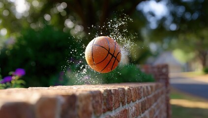 Basketball Splashing Against Brick Wall Outdoors Dynamic Sports Action Shot