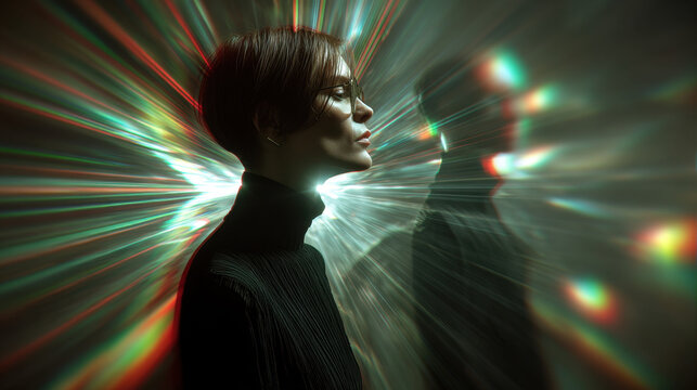 Exploring the duality of form and light in a cosmic environment, where futuristic fashion meets a surreal aesthetic