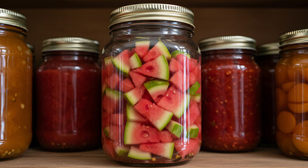 Watermelon Chunks Preserved in a Jar with Other Preserved Foods