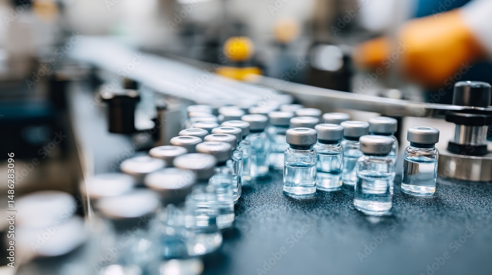 Poster robotic arms efficiently fill and seal vials on a high-tech assembly line, illuminated by glowing bl