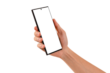 Hand holding smartphone with blank screen isolated. Premium high quality studio shot. Concept for technology, business, finance and advertising.