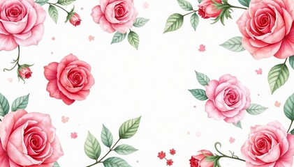 Naklejka premium Delicate watercolor roses & leaves, repeating pattern , blossom, plant