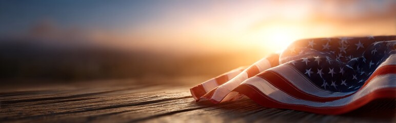 A red, white, and blue American flag is laying on a wooden table