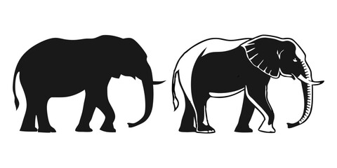 Elephant Vector Silhouettes and Detailed Walking Elephant Illustration – Wildlife Animal Icons for Safari, Zoo, Nature, and Conservation Design.