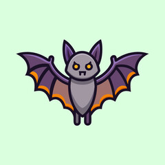 Cartoon Halloween bat with purple wings on light green background illustration