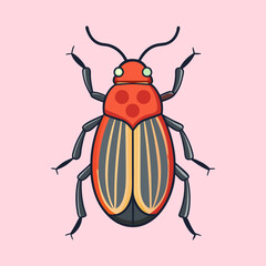 Illustration of a vibrant red and striped beetle on a soft pink background