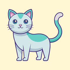Adorable cartoon cat with a cute face stands on a light background
