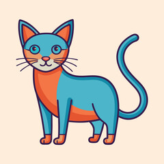 Cartoon cat with unique color scheme standing against a peach background