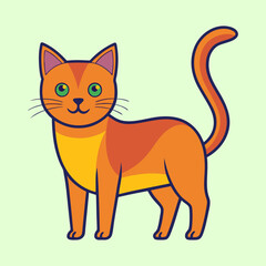 Stylized Orange Cartoon Cat with Green Eyes Standing on Light Green Background