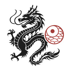 Powerful stylized red dragon illustration against a dramatic black backdrop. Traditional and Tribal Chinese Dragon Illustrations &ndash; Red and Black Mythical Oriental. Lunar New Year Asian Cultural Design