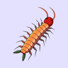 Cartoon centipede crawling on a light purple background with black outline