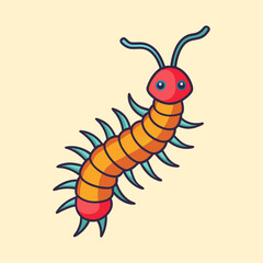Cartoon centipede with many legs and antennae on light yellow background
