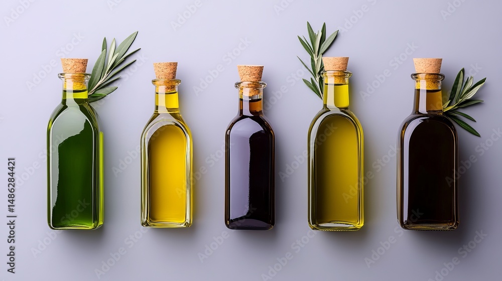 Aufkleber bottles filled with different oils stand side by side on a light gray surface with small olive branc