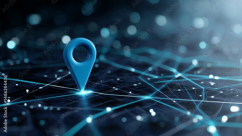 Poster a glowing blue map pin rests on a digital city map, highlighting gps navigation with colorful interc