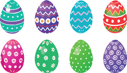 Colorful Easter Eggs Collection – Decorative Spring Holiday Clipart with Floral, Polka Dot, and Zigzag Patterns Isolated on White Background.