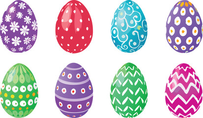 Colorful Easter Eggs Collection – Decorative Spring Holiday Clipart with Floral, Polka Dot, and Zigzag Patterns Isolated on White Background.
