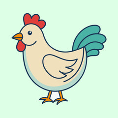 Stylized cartoon chicken with a light blue outline against a light green background
