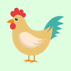 Cartoon Chicken Illustration with Red Comb and Teal Tail on Green Background