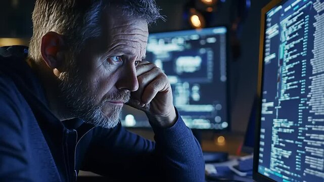 Focused programmer analyzing code on multiple screens in a dimly lit workspace with technology