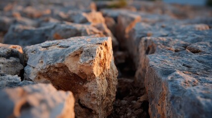 Fototapeta premium A jagged fissure cuts through a weathered stone surface, illuminated by soft light in the late afternoon, showcasing the raw power of nature's elements