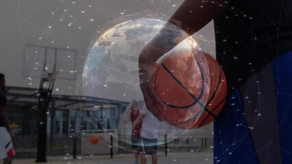 Holding basketball on urban court with players, showcasing 3D render and digital mesh globe overlay - Powered by Adobe