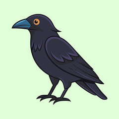Cartoon Raven with Blue Beak Perched on a Light Green Background