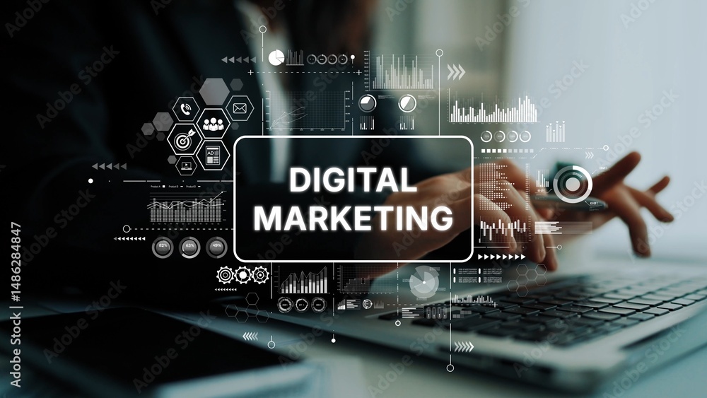 Poster hands typing on laptop with digital marketing graphics and analytics data overlay in modern office e