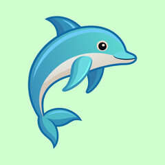 Cute blue cartoon dolphin jumping happily against a soft green background