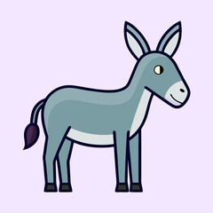 Cartoon donkey illustration standing on a light purple background, facing right